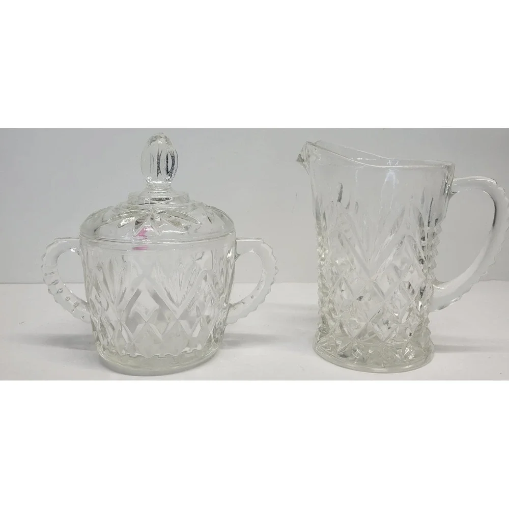 Vintage Clear Pressed Glass Creamer and‎ Lidded Sugar Bowl Set Sunburst Diamond
